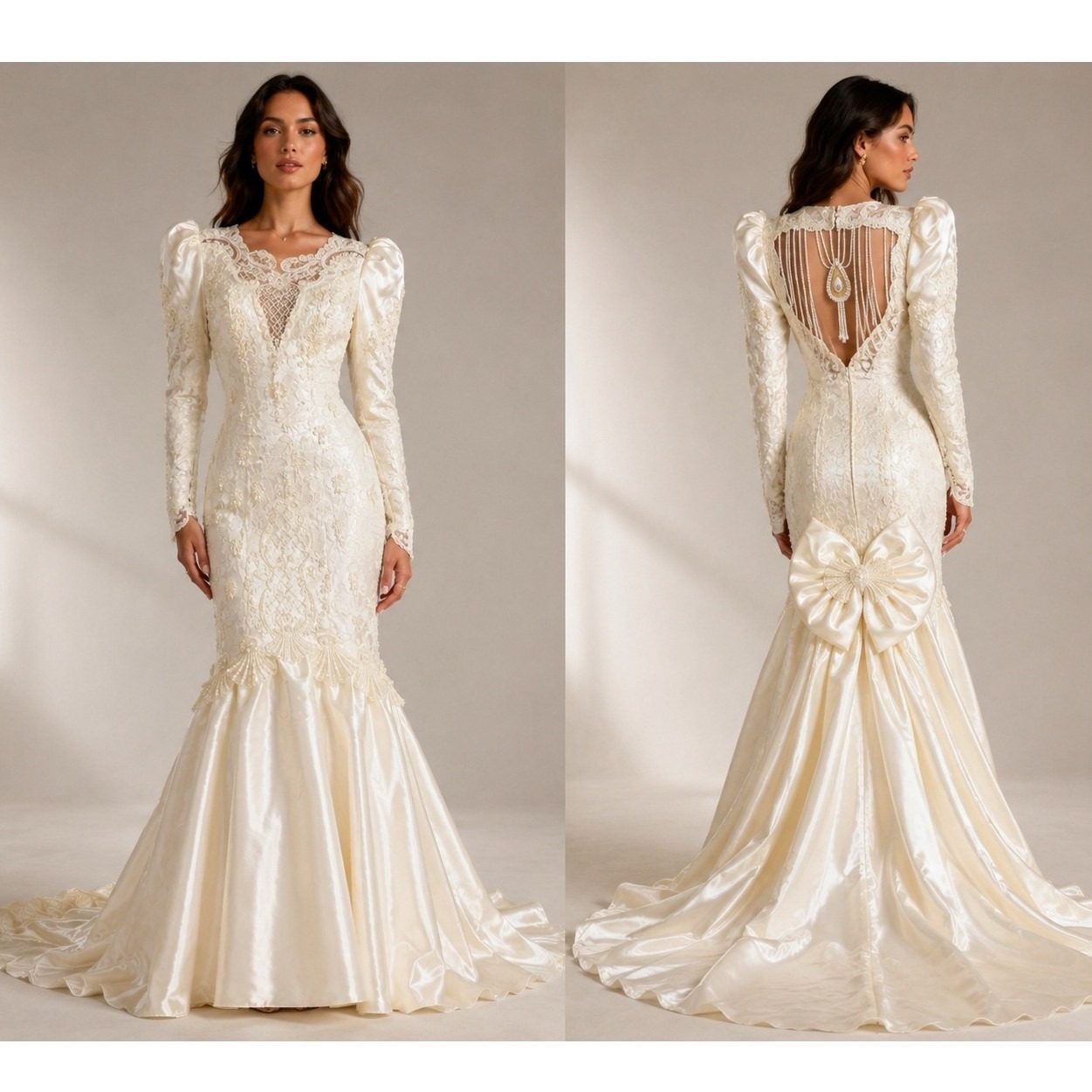 Vintage 80s Bonny Wedding Dress 6 Ivory Lace Mermaid Pearl Train Glam Maximalist